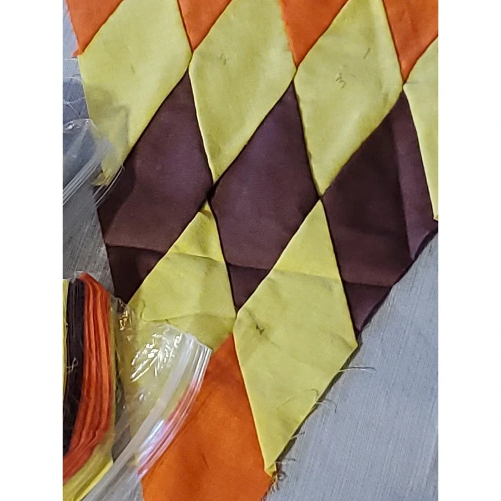 Vntg. Harlequin Diamond Patchwork Quilt Blocks Hand Stitched Orange Brown Yellow